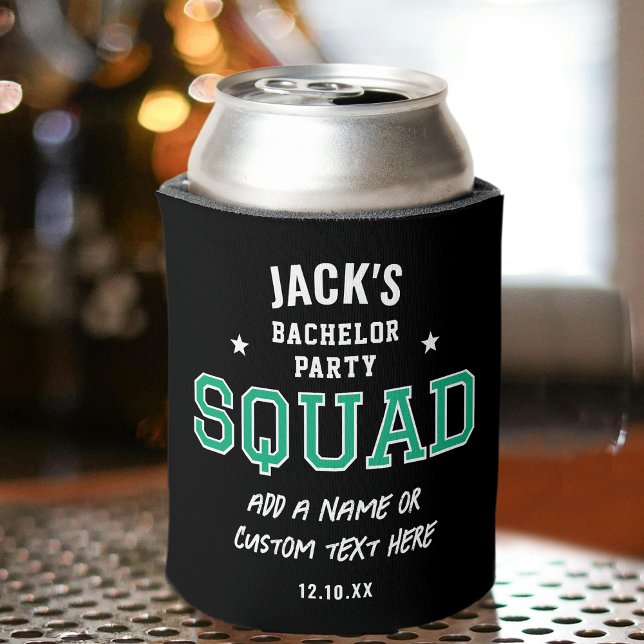 Personalised Bachelor Party Squad Green Black Can Cooler (Creator Uploaded)