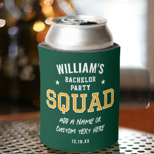 Personalised Bachelor Party Squad Green Gold Can Cooler
