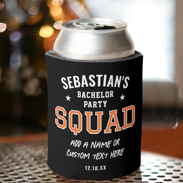 Personalised Bachelor Party Squad Orange Black Can Cooler (Creator Uploaded)