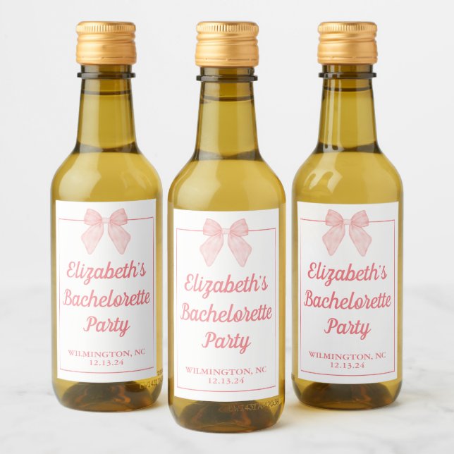 Personalised Bachelorette Birthday Pink Bow Mini Wine Label (Bottles)