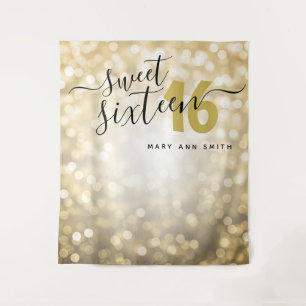 Personalised Backdrop Gold Lights Sweet 16 Tapestry