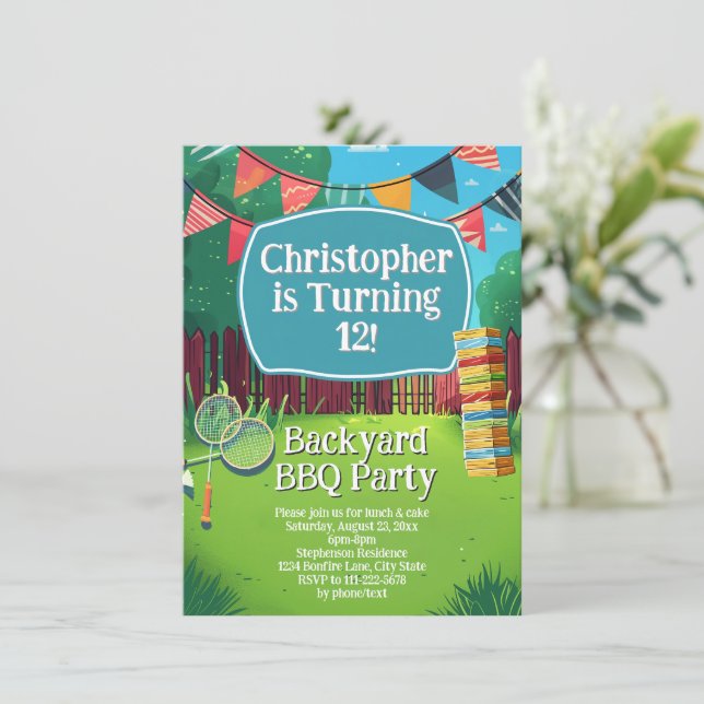 Personalised Backyard Games BBQ Birthday Party Invitation (Standing Front)