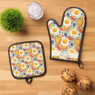 Personalised Bacon & Eggs Pharmacy RX Oven Mitt & Pot Holder Set