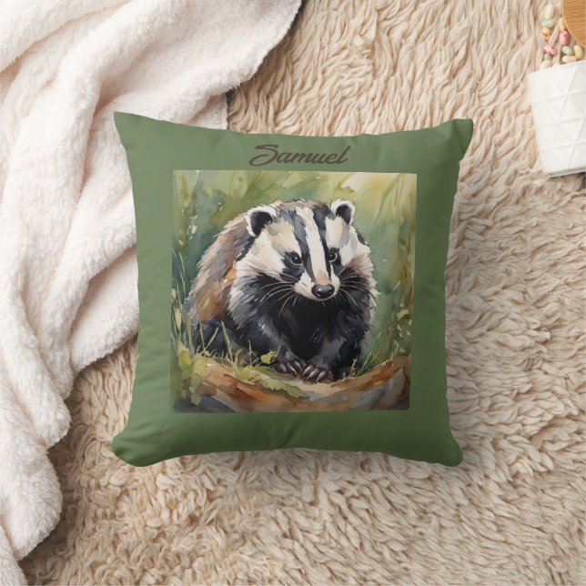  Personalised Badger in woodland setting Cushion (Blanket)