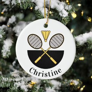 Personalised Badminton Rackets & Bird Yellow Black Ceramic Tree Decoration