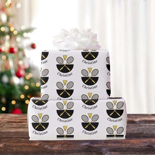 Personalised Badminton Rackets Birdie Yellow Black Wrapping Paper (Creator Uploaded)