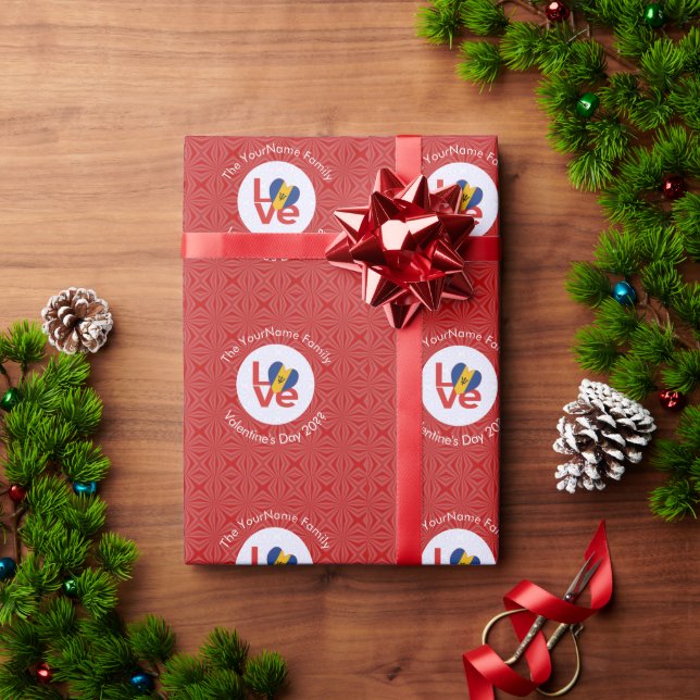 Personalised Bajan Red LOVE Flag Wrapping Paper (Holiday Gift)