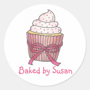 Personalised Baked By Baking Pink Cupcake Cake Classic Round Sticker