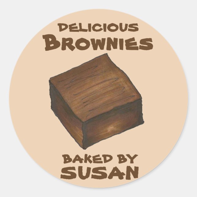 Personalised Baked By Chocolate Brownie Square Classic Round Sticker (Front)