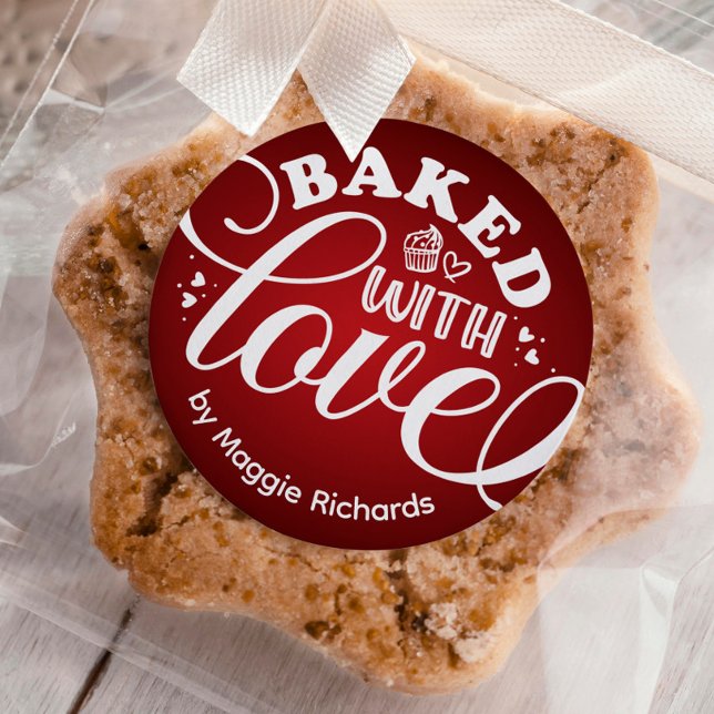 Personalised Baked With Love Holiday Red Baking Classic Round Sticker (Creator Uploaded)