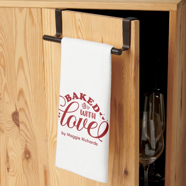 Personalised Baked with Love Red Bakery Kitchen To Tea Towel (Thirds Fold)