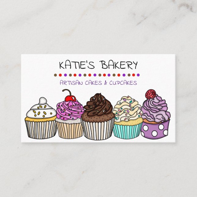 Personalised Bakery | Cute Whimsical Cupcakes Business Card (Front)