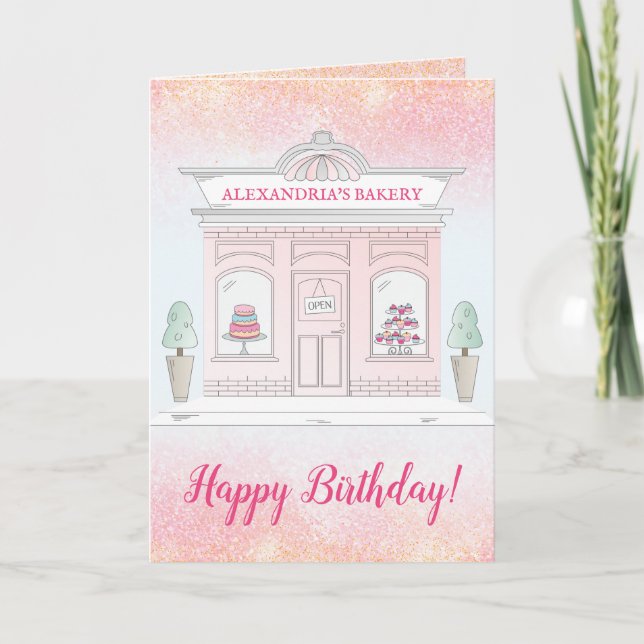 Personalised Bakery Happy Birthday Pink Glitter Card (Front)