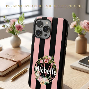 Personalised Balck Pink Stripe Floral Custom Name iPhone 16 Pro Max Case