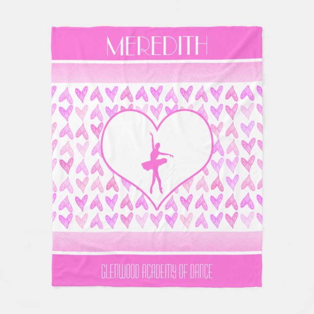 Personalised Ballet Dancer Pink Watercolor Hearts Fleece Blanket (Front)