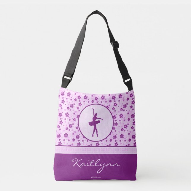 Personalised Ballet Dancer Purple Heart Floral Crossbody Bag (Front)