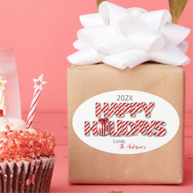 Personalised Balloon Happy Holidays Peppermint Oval Sticker (Party)