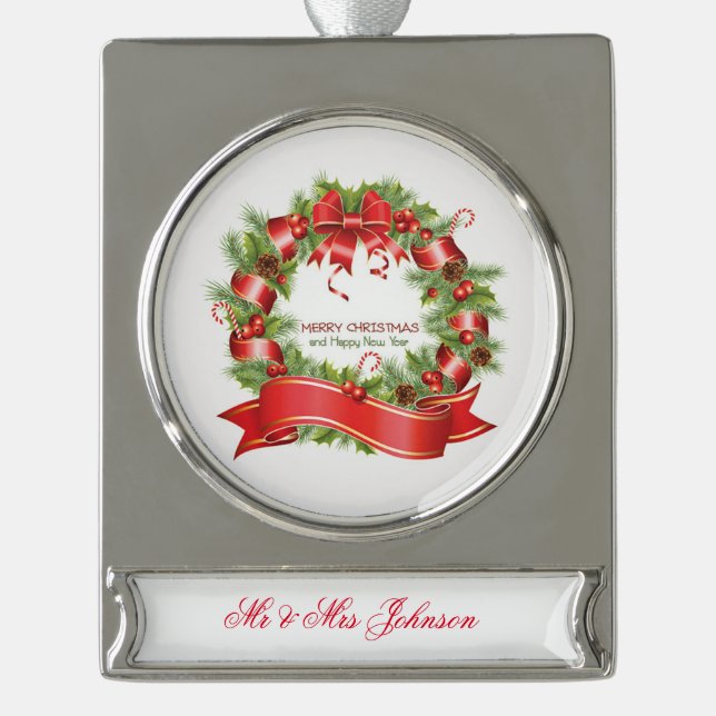 Personalised Banner Ornament Silver Plated/Wreath (Front)
