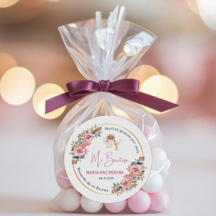 Personalised Baptism and Favours Gifts Pink Flower Classic Round Sticker