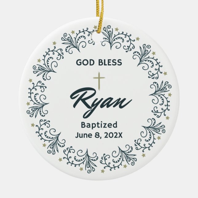 Personalised Baptism Boy Gift Photo Keepsake  Ceramic Tree Decoration (Front)