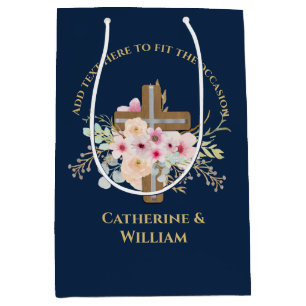 Personalised Baptism & Christening Floral Cross Medium Gift Bag