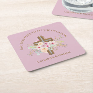 Personalised Baptism & Christening Floral Cross Square Paper Coaster