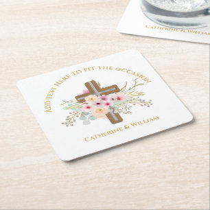 Personalised Baptism & Christening Floral Cross Square Paper Coaster