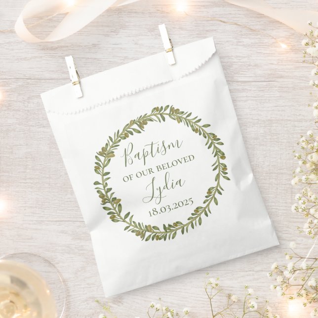 Personalised Baptism Favour Bag with Olive Wreath (Clipped)