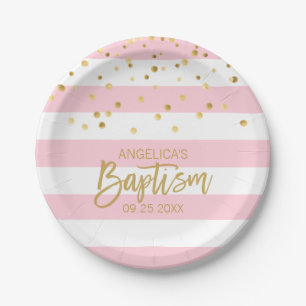 Personalised Baptism GIRL Pink Gold Stripes Paper Plate