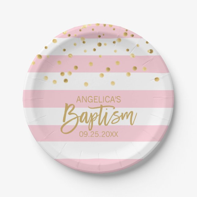 Personalised Baptism GIRL Pink Gold Stripes Paper Plate (Front)