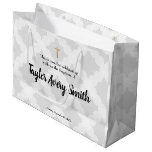 Personalised Baptism Grey Gold Cross Baby Large Gift Bag