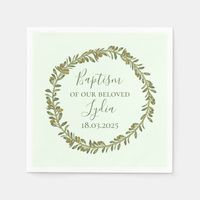 Personalised Baptism Olive Wreath Paper Napkin (Front)