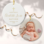 Personalised Baptism Photo Gold Signature Girl Boy Ceramic Tree Decoration<br><div class="desc">Featuring golden script signature name. Personalise with your special photo and baptism or christening information in chic gold lettering. Designed by Thisisnotme©</div>