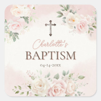 Personalised Baptism Pink Roses Square Sticker