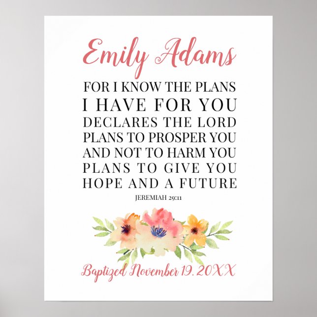 Personalised Baptism Printable, Jeremiah 29:11 Poster (Front)