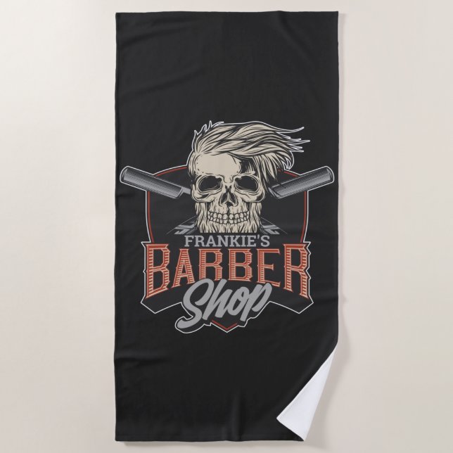 Personalised Barber Shop Hipster Skull and Razors  Beach Towel (Front)