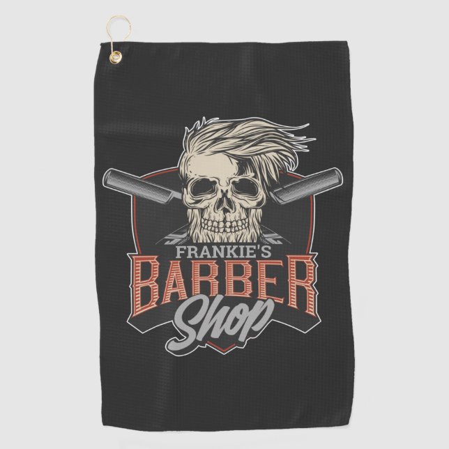 Personalised Barber Shop Hipster Skull and Razors Golf Towel (Front)