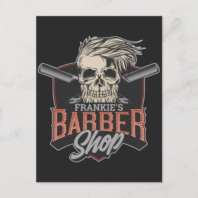 Personalised Barber Shop Hipster Skull and Razors  Holiday Postcard (Front)