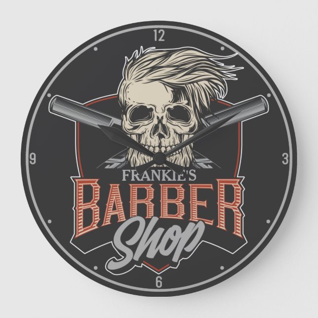 Personalised Barber Shop Hipster Skull and Razors Large Clock (Front)