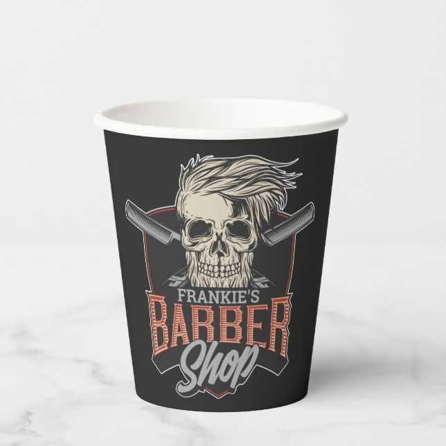 Personalised Barber Shop Hipster Skull and Razors Paper Cups (Front)