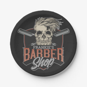 Personalised Barber Shop Hipster Skull and Razors  Paper Plate