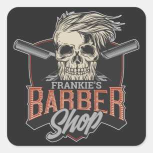 Personalised Barber Shop Hipster Skull and Razors  Square Sticker