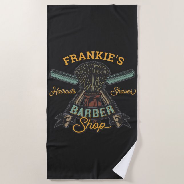 Personalised Barber Shop Retro Haircuts Shaves Beach Towel (Front)