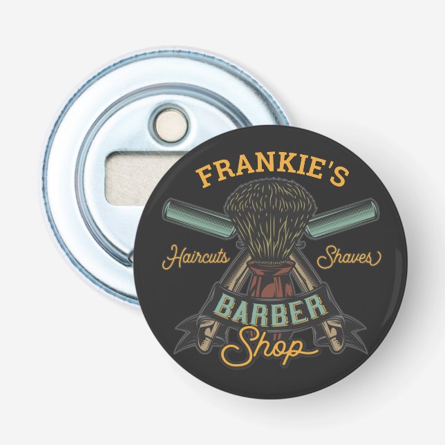 Personalised Barber Shop Retro Haircuts Shaves Bottle Opener (Front)