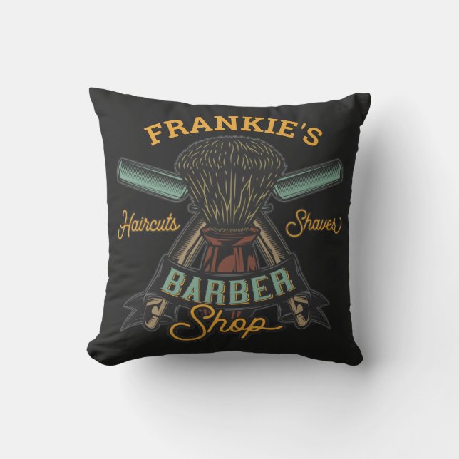 Personalised Barber Shop Retro Haircuts Shaves Cushion (Front)