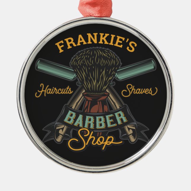 Personalised Barber Shop Retro Haircuts Shaves  Metal Tree Decoration (Front)