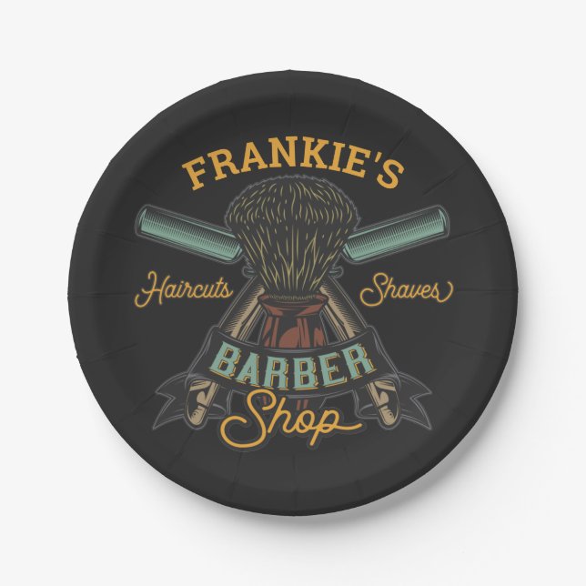 Personalised Barber Shop Retro Haircuts Shaves Paper Plate (Front)