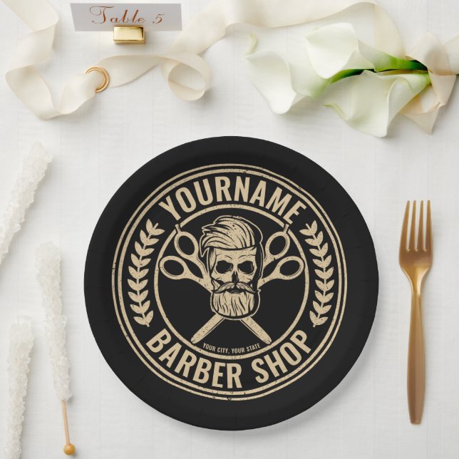 Personalised Barber Shop Skull Rockabilly Salon   Paper Plate (Wedding)