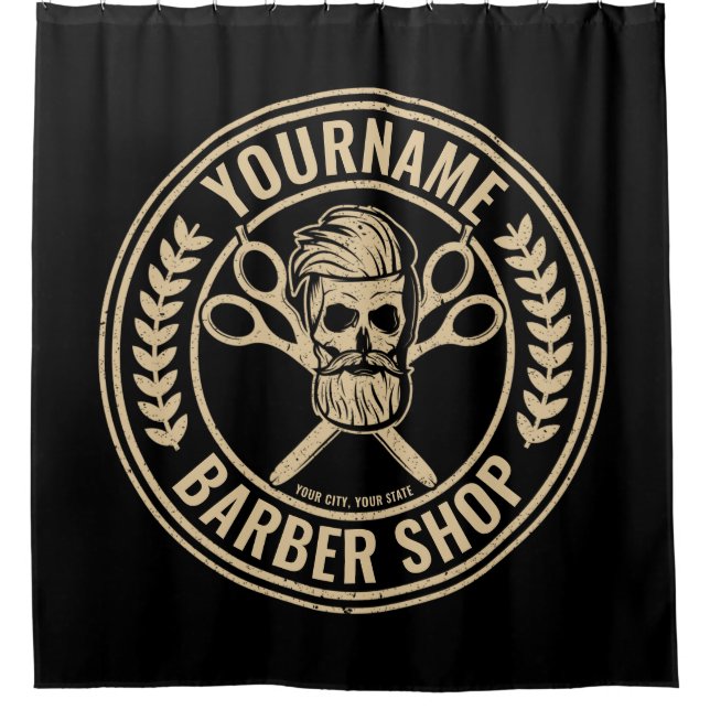 Personalised Barber Shop Skull Rockabilly Salon Shower Curtain (Front)