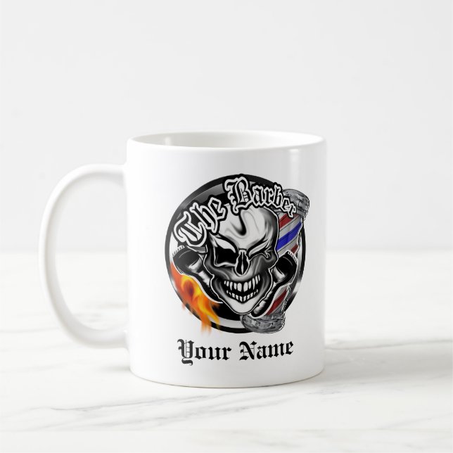 Personalised Barber Skull with Flaming Razor Mug (Left)
